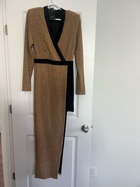 SHEIN Gold Metallic Wrap Maxi Dress with Black Accents